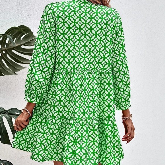 boho Floral Print Tie Neck Smock Dress - green - Picture 4 of 5